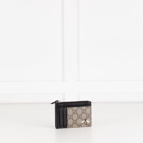 Gucci Black Leather Brown Canvas Bee Zip Wallet