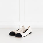 Chanel White Leather Black Fabric Toe Flat Ballet Pumps