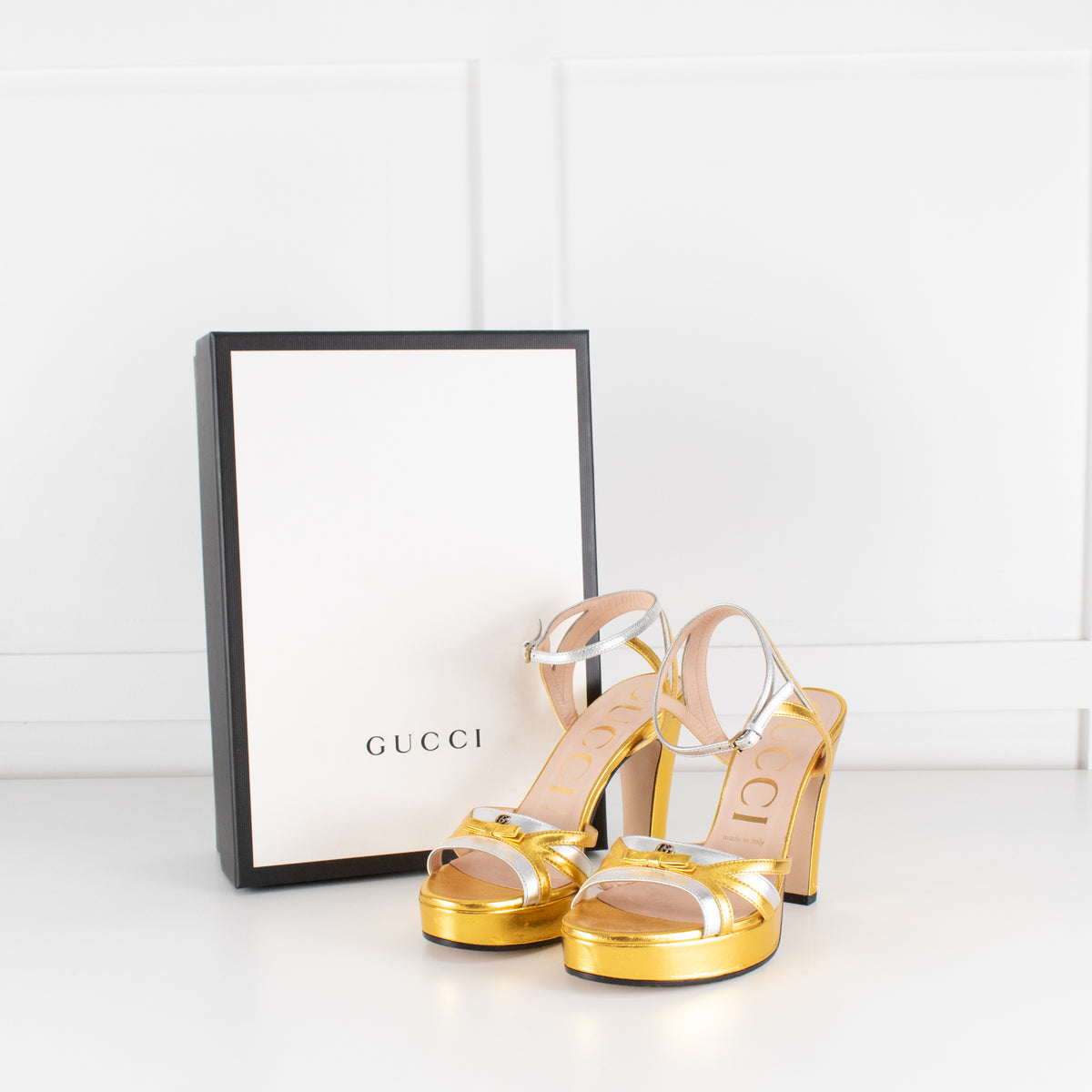 Gucci Gold and Silver Strappy Platform Heels with Ankle Straps