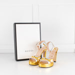 Gucci Gold and Silver Strappy Platform Heels with Ankle Straps
