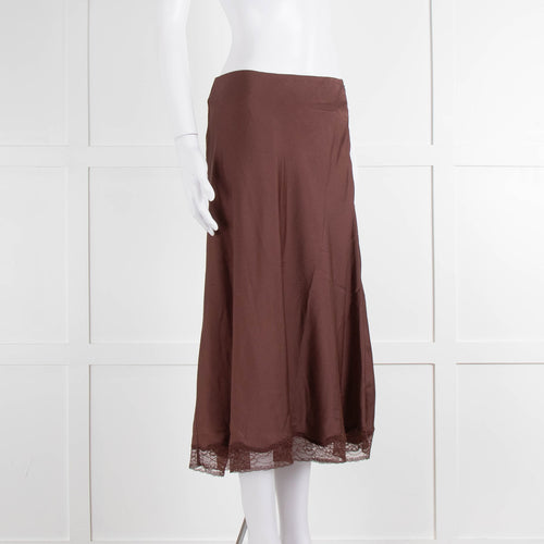 ba&sh Brown Mid Skirt With Lace Trim