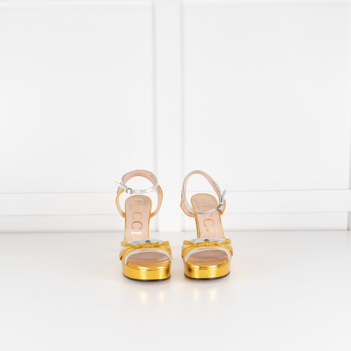 Gucci Gold and Silver Strappy Platform Heels with Ankle Straps