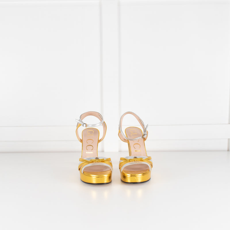 Gucci Gold and Silver Strappy Platform Heels with Ankle Straps