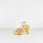 Gucci Gold and Silver Strappy Platform Heels with Ankle Straps