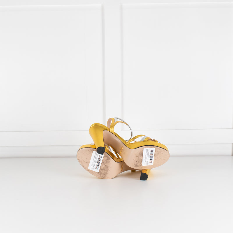 Gucci Gold and Silver Strappy Platform Heels with Ankle Straps