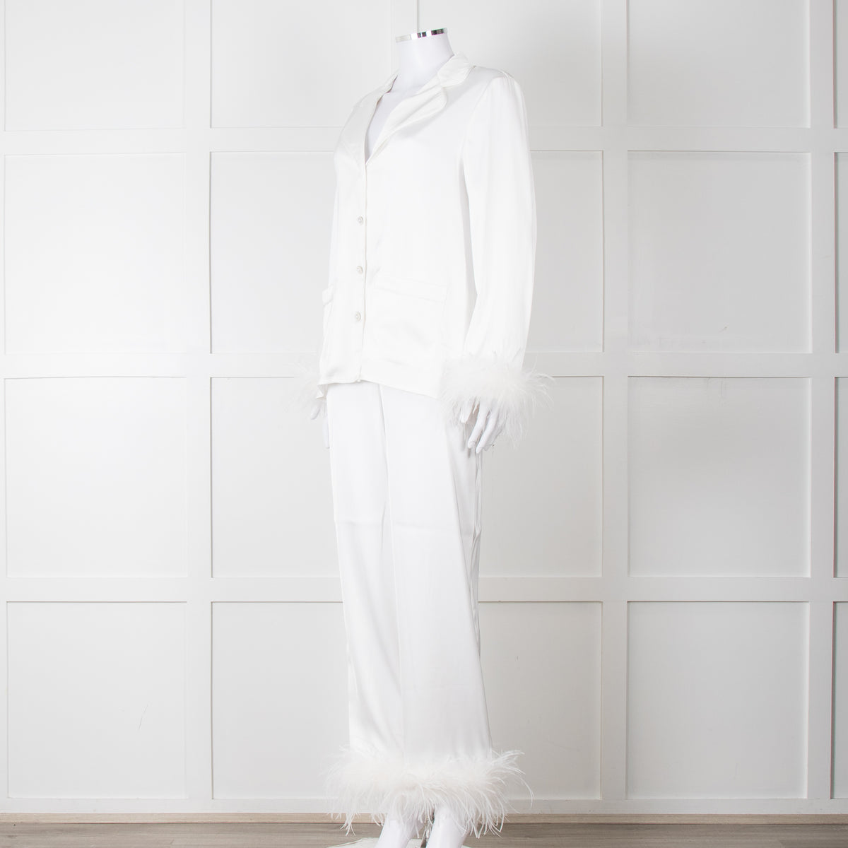 Nadine Merabi White Satin Feather Trim Pyjama Set