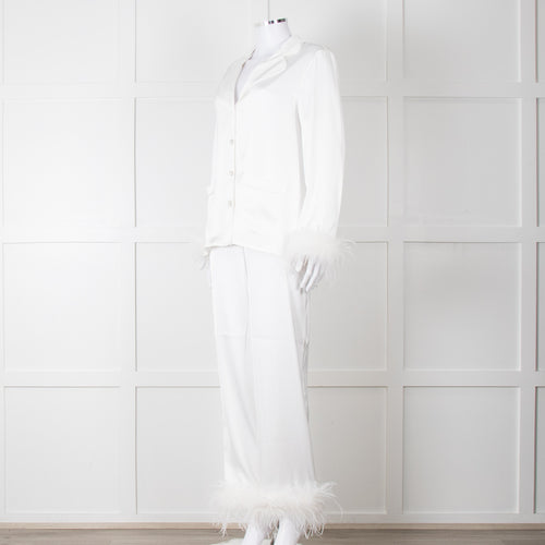 Nadine Merabi White Satin Feather Trim Pyjama Set