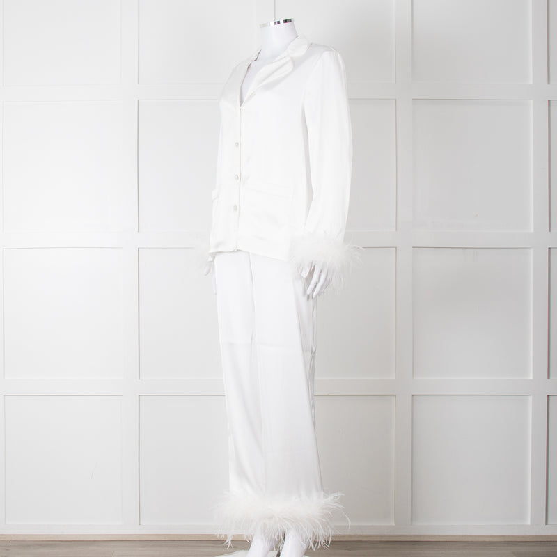 Nadine Merabi White Satin Feather Trim Pyjama Set