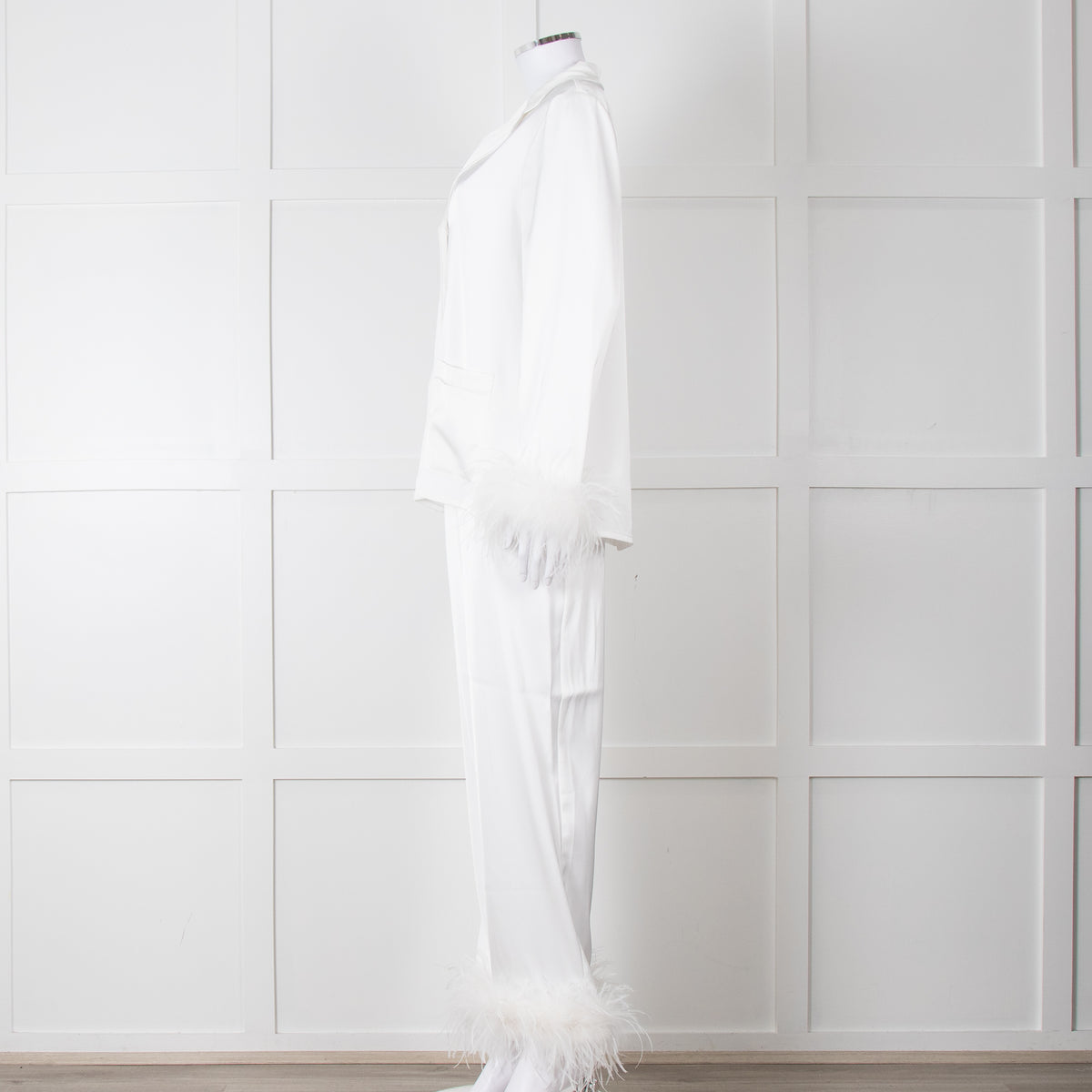 Nadine Merabi White Satin Feather Trim Pyjama Set