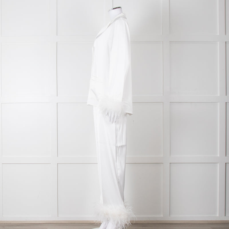 Nadine Merabi White Satin Feather Trim Pyjama Set