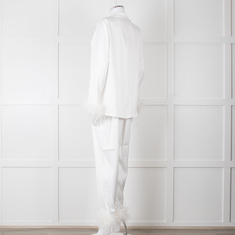 Nadine Merabi White Satin Feather Trim Pyjama Set
