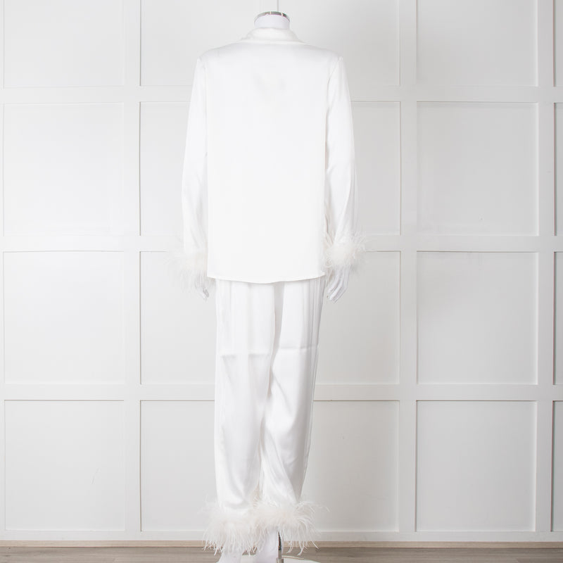 Nadine Merabi White Satin Feather Trim Pyjama Set