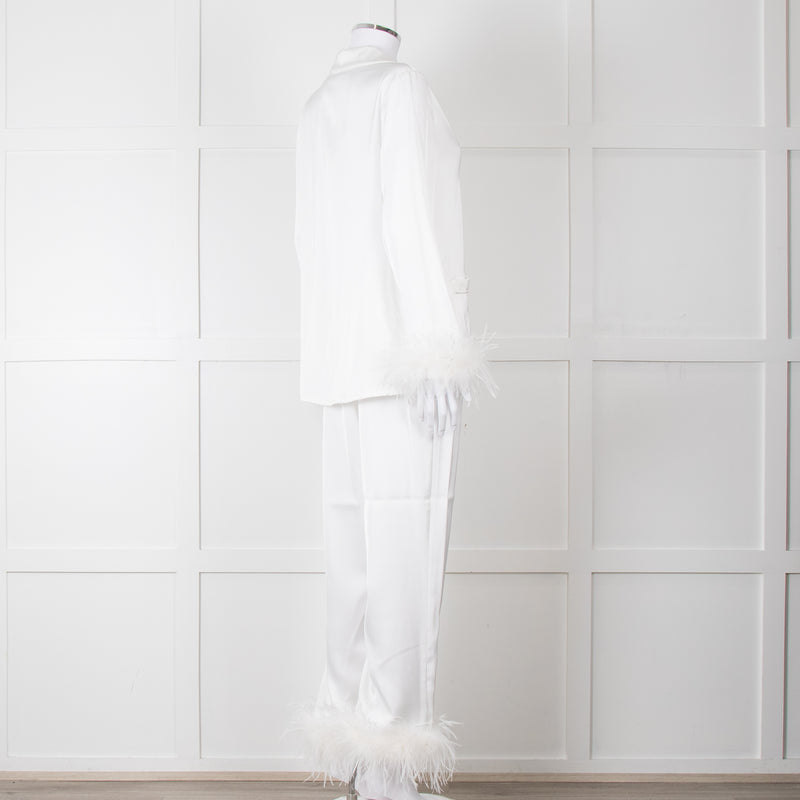 Nadine Merabi White Satin Feather Trim Pyjama Set