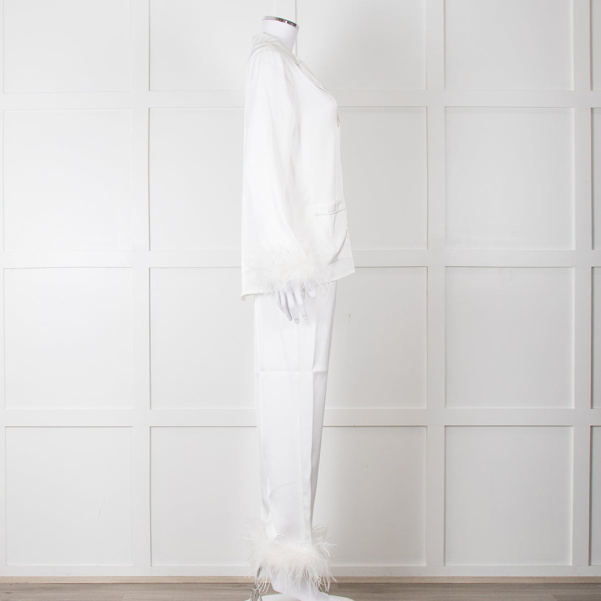 Nadine Merabi White Satin Feather Trim Pyjama Set