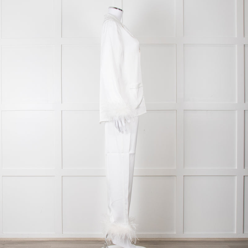 Nadine Merabi White Satin Feather Trim Pyjama Set