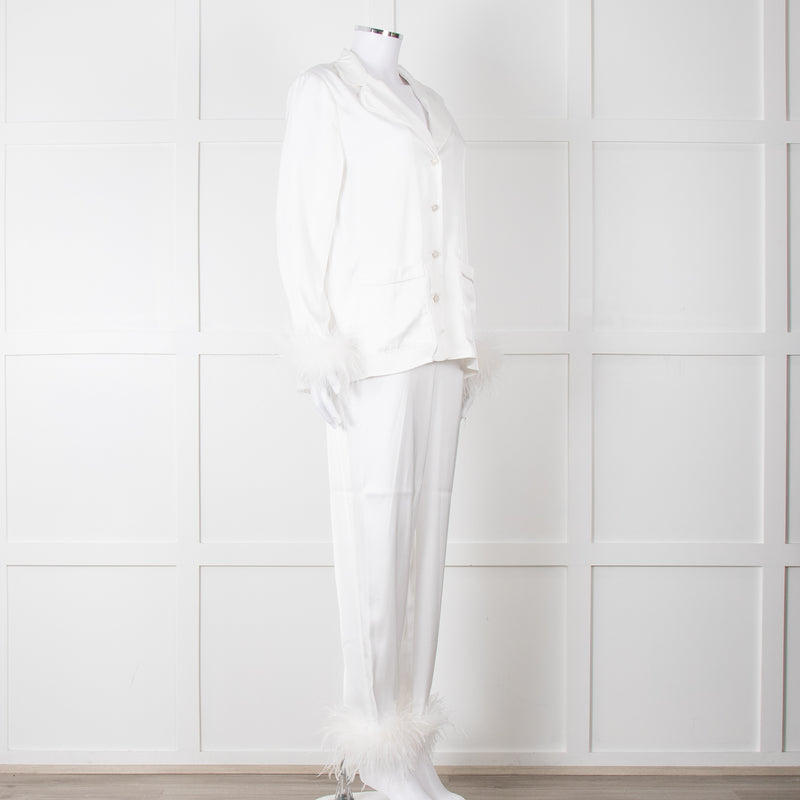 Nadine Merabi White Satin Feather Trim Pyjama Set
