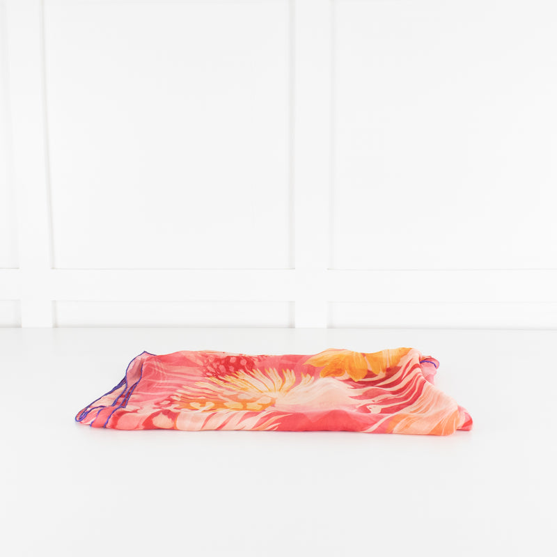 Salvatore Ferragamo Pink and Orange Leaf Print Silk Scarf