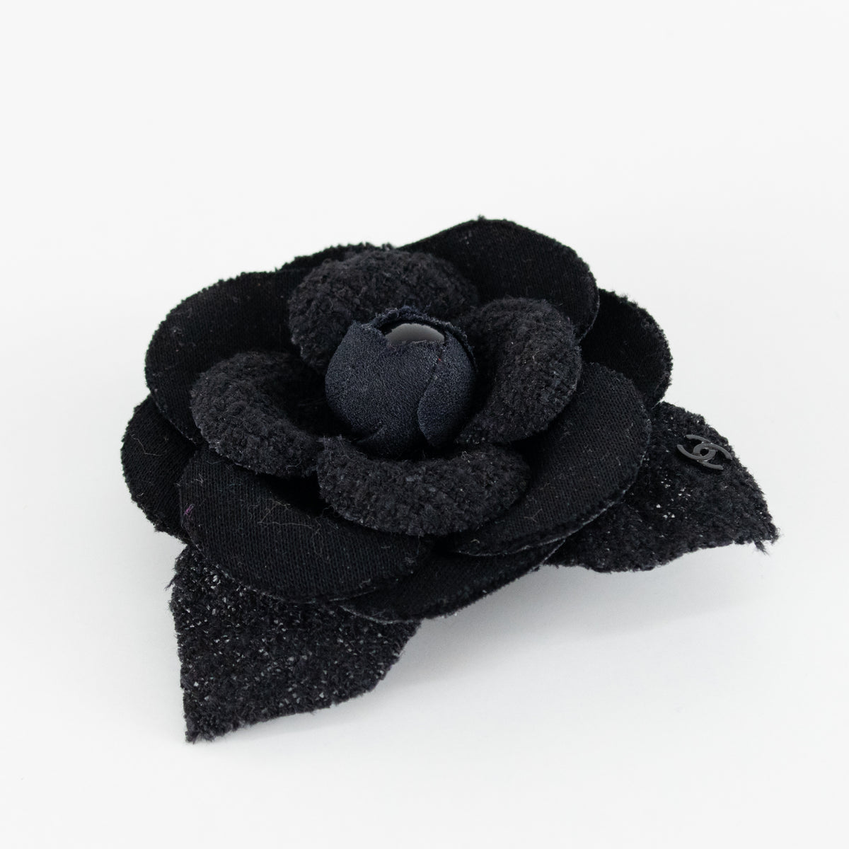 Chanel Black Tweed Fabric Chanel Camelia Brooch