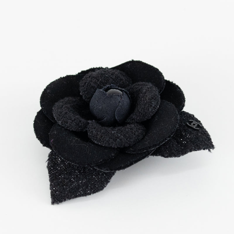 Chanel Black Tweed Fabric Chanel Camelia Brooch