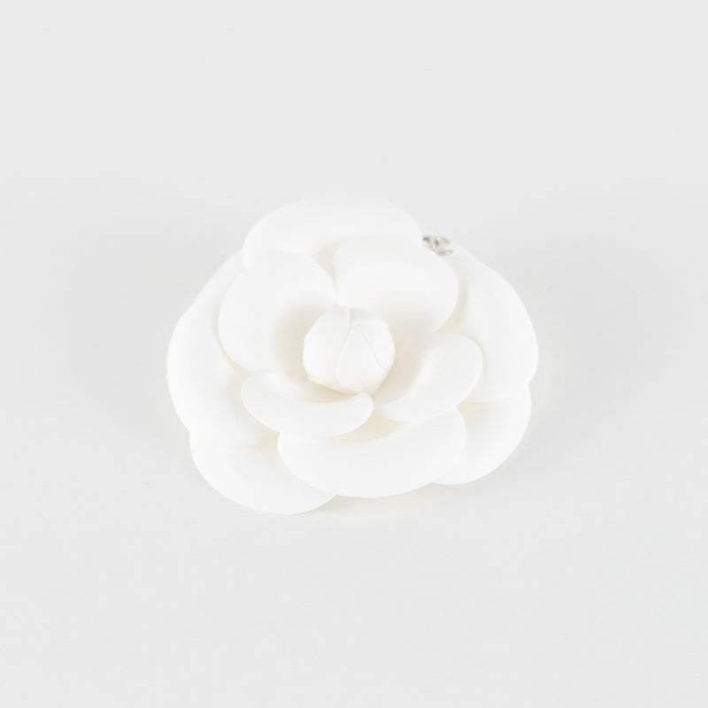 Chanel Cream Fabric Camelia Silver CC Logo Brooch