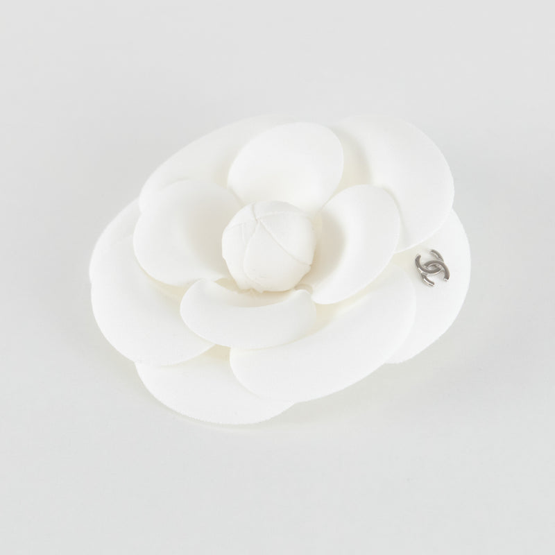 Chanel Cream Fabric Camelia Silver CC Logo Brooch