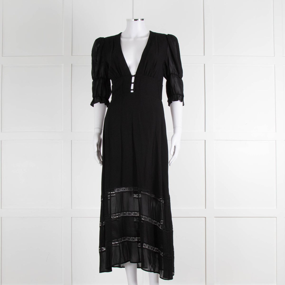 Reformation Black Sheer Lace Trim Puff Slim Long Dess