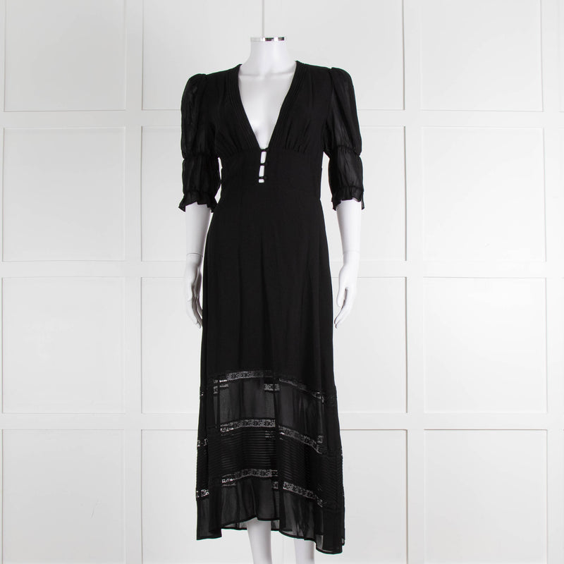 Reformation Black Sheer Lace Trim Puff Slim Long Dess