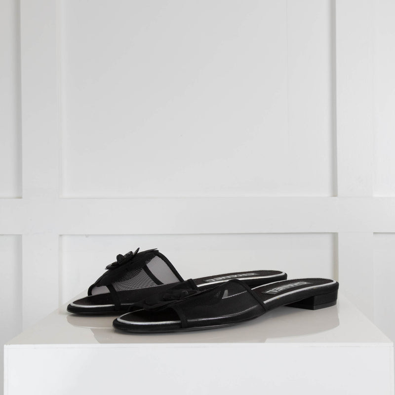 Chanel Black Mesh Camelia Sandals