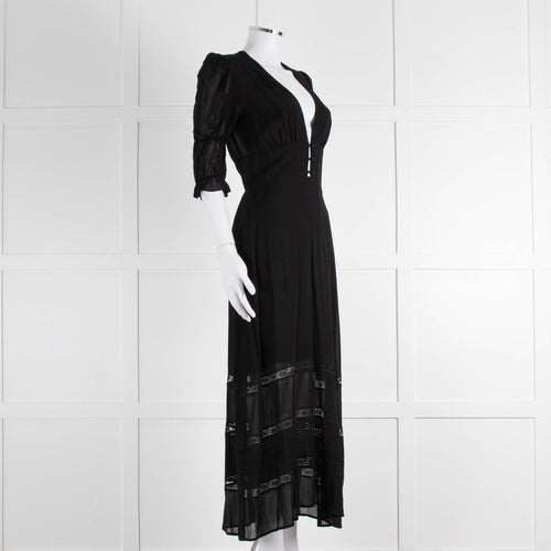 Reformation Black Sheer Lace Trim Puff Slim Long Dess
