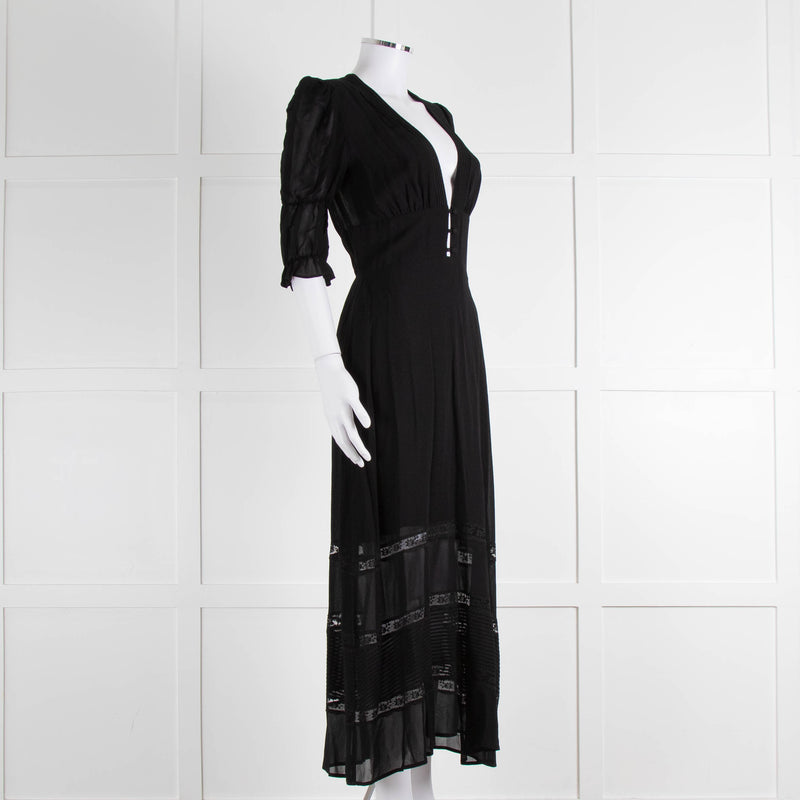 Reformation Black Sheer Lace Trim Puff Slim Long Dess
