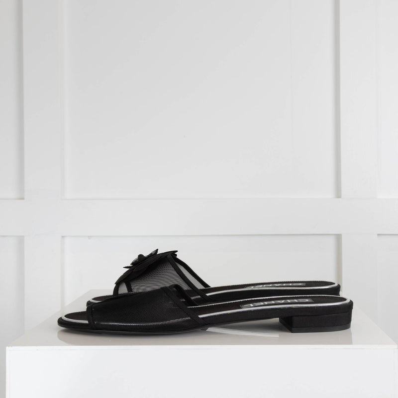 Chanel Black Mesh Camelia Sandals