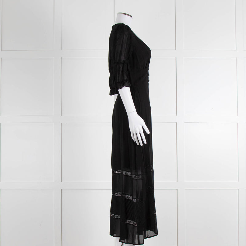 Reformation Black Sheer Lace Trim Puff Slim Long Dess