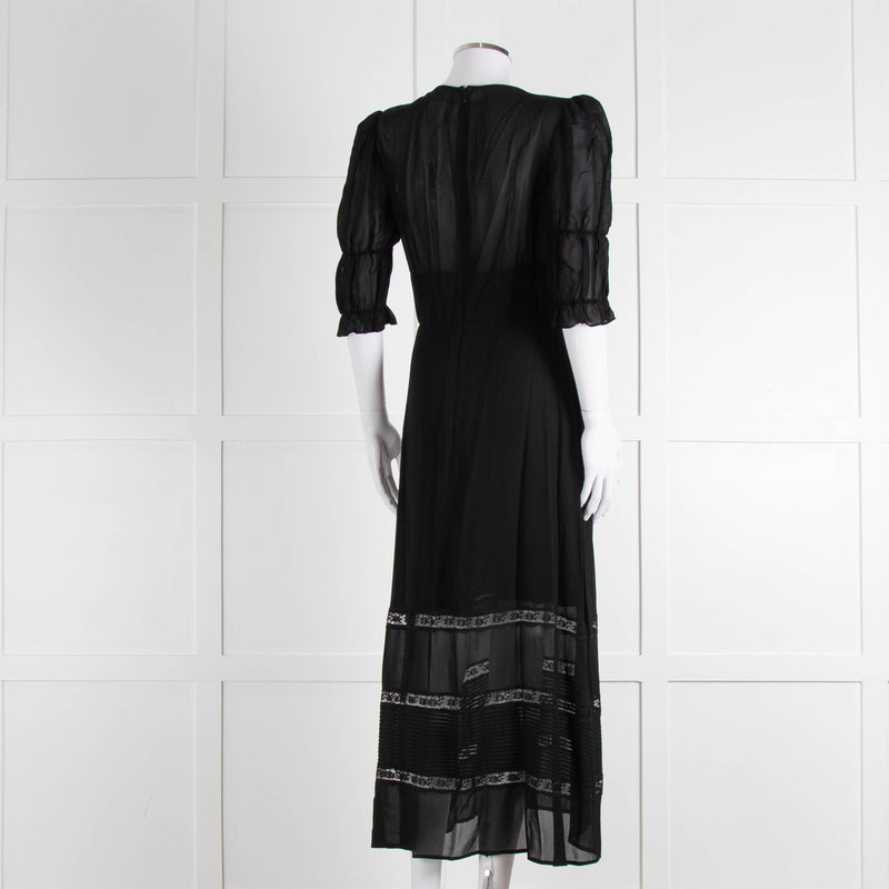 Reformation Black Sheer Lace Trim Puff Slim Long Dess