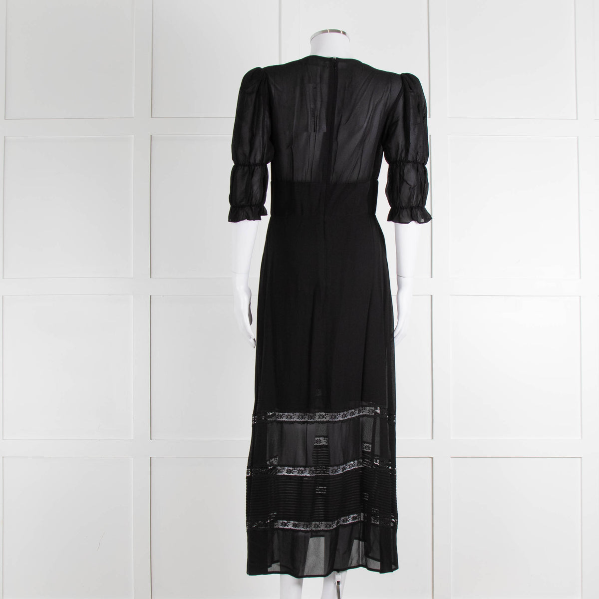 Reformation Black Sheer Lace Trim Puff Slim Long Dess
