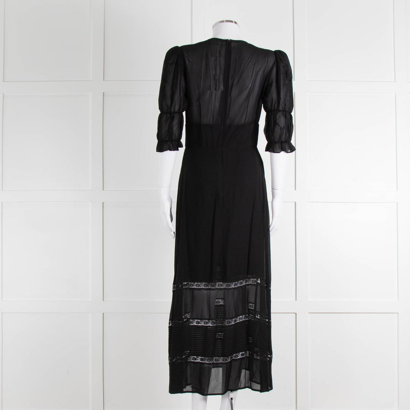 Reformation Black Sheer Lace Trim Puff Slim Long Dess
