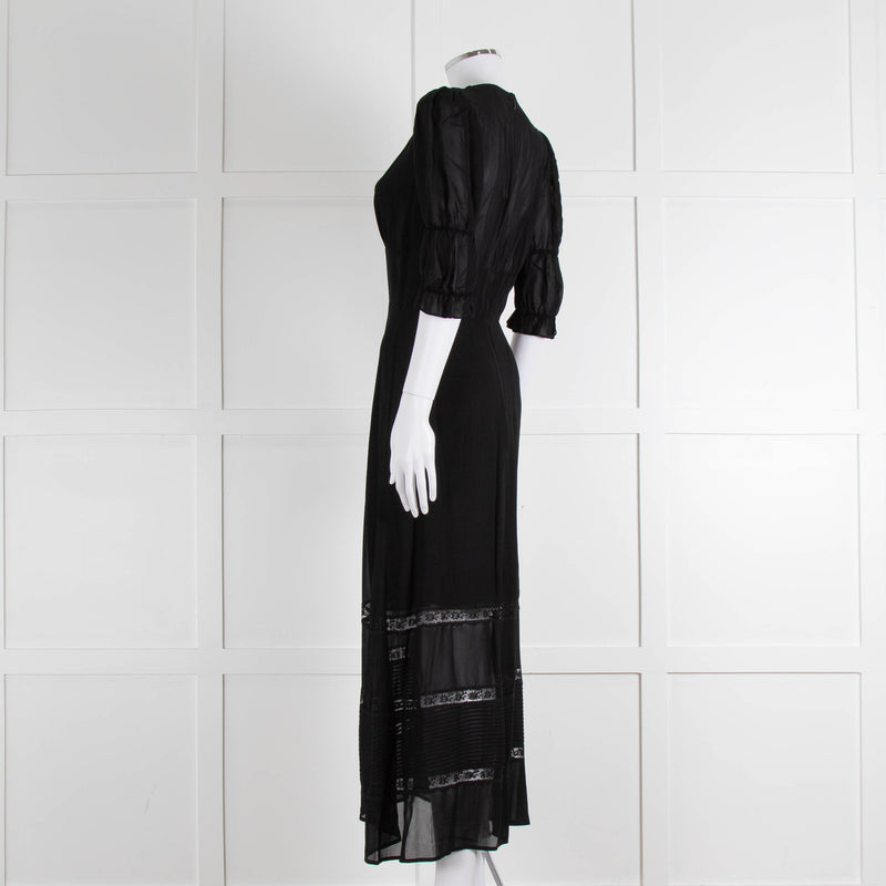 Reformation Black Sheer Lace Trim Puff Slim Long Dess