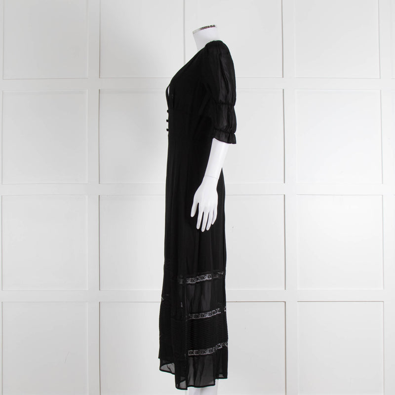 Reformation Black Sheer Lace Trim Puff Slim Long Dess