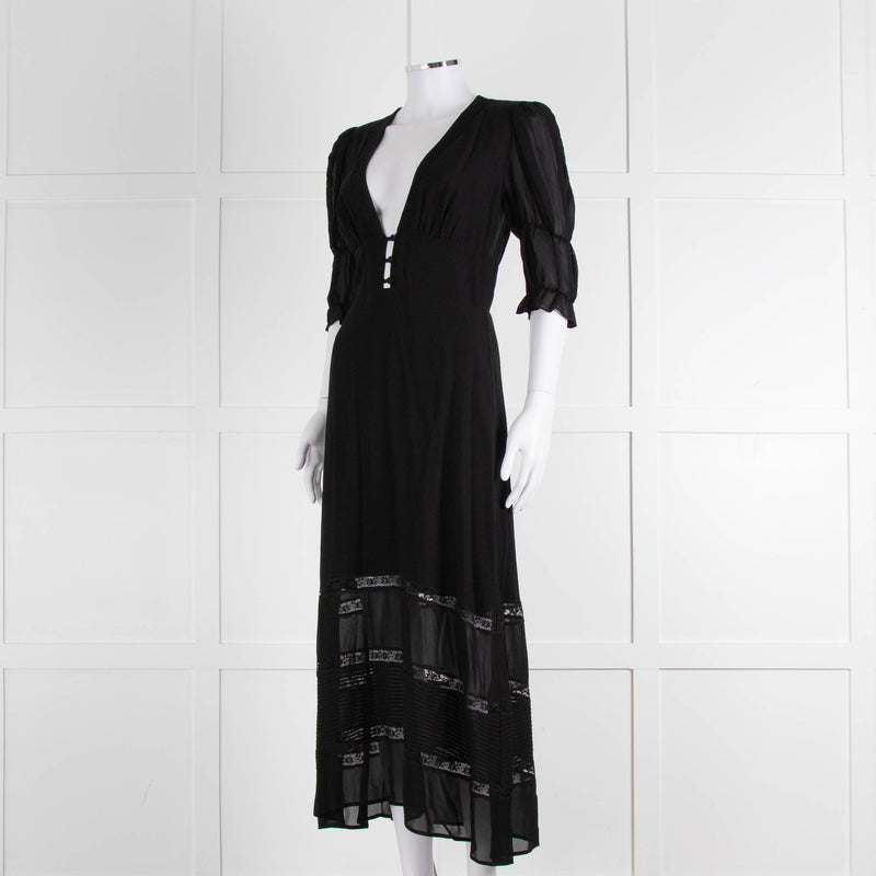 Reformation Black Sheer Lace Trim Puff Slim Long Dess