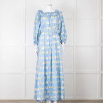 Bernadette Blue Cotton Daisy Print Off Shoulder Dress with Belt