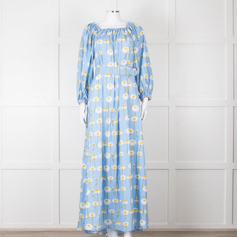 Bernadette Blue Cotton Daisy Print Off Shoulder Dress with Belt