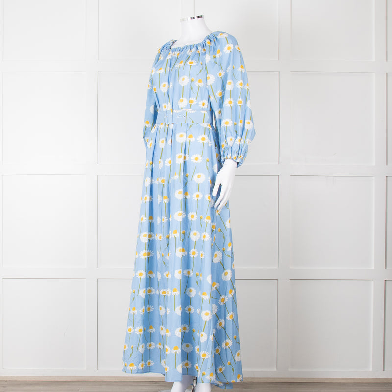 Bernadette Blue Cotton Daisy Print Off Shoulder Dress with Belt
