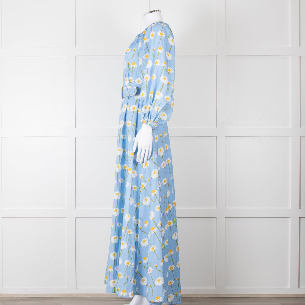 Bernadette Blue Cotton Daisy Print Off Shoulder Dress with Belt