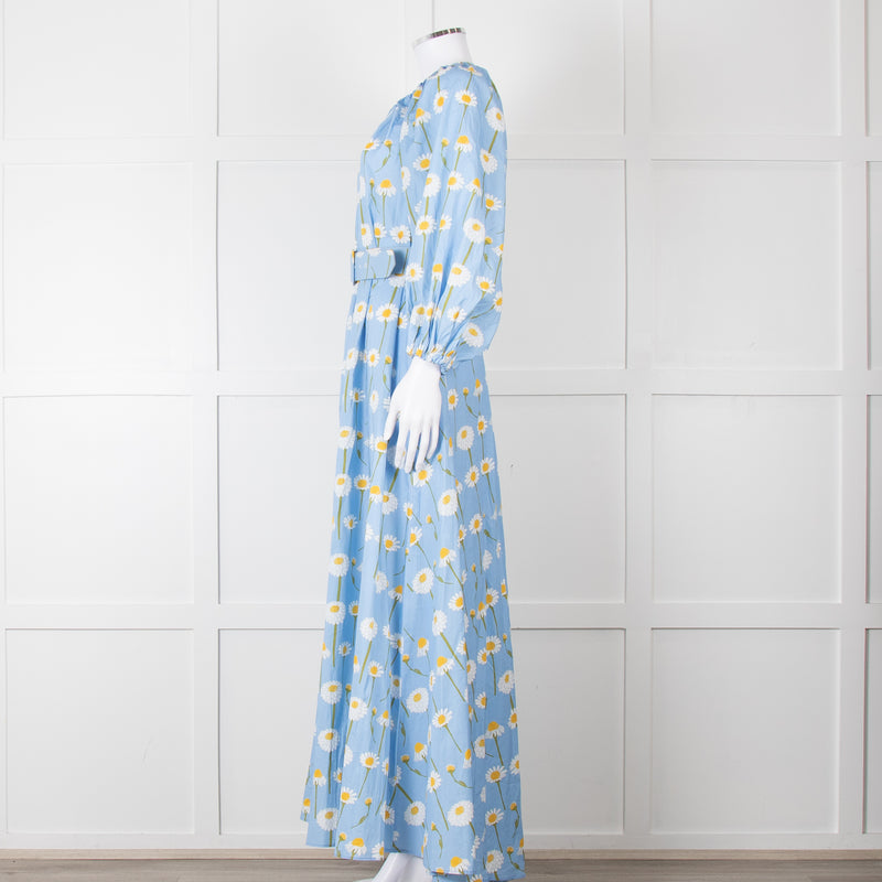 Bernadette Blue Cotton Daisy Print Off Shoulder Dress with Belt