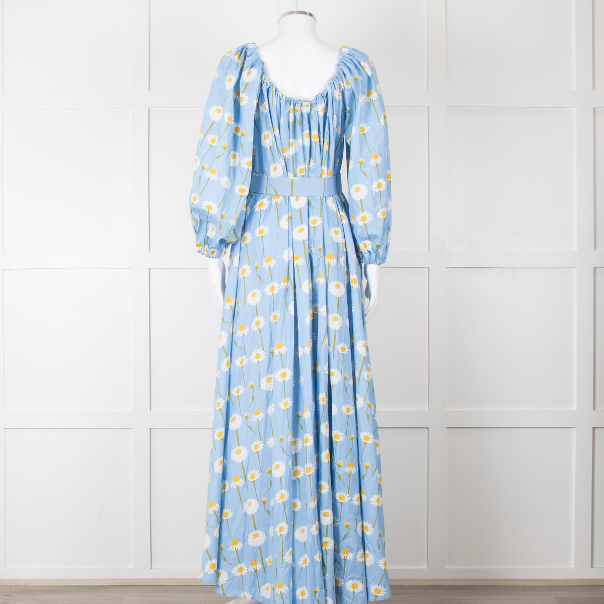 Bernadette Blue Cotton Daisy Print Off Shoulder Dress with Belt