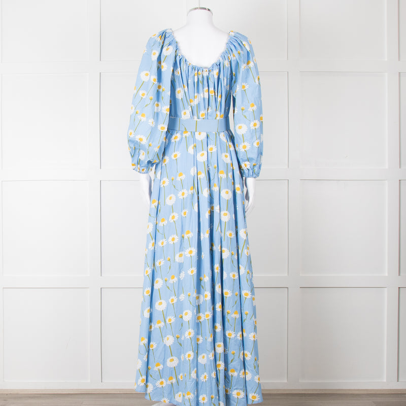 Bernadette Blue Cotton Daisy Print Off Shoulder Dress with Belt