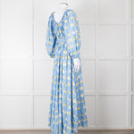 Bernadette Blue Cotton Daisy Print Off Shoulder Dress with Belt