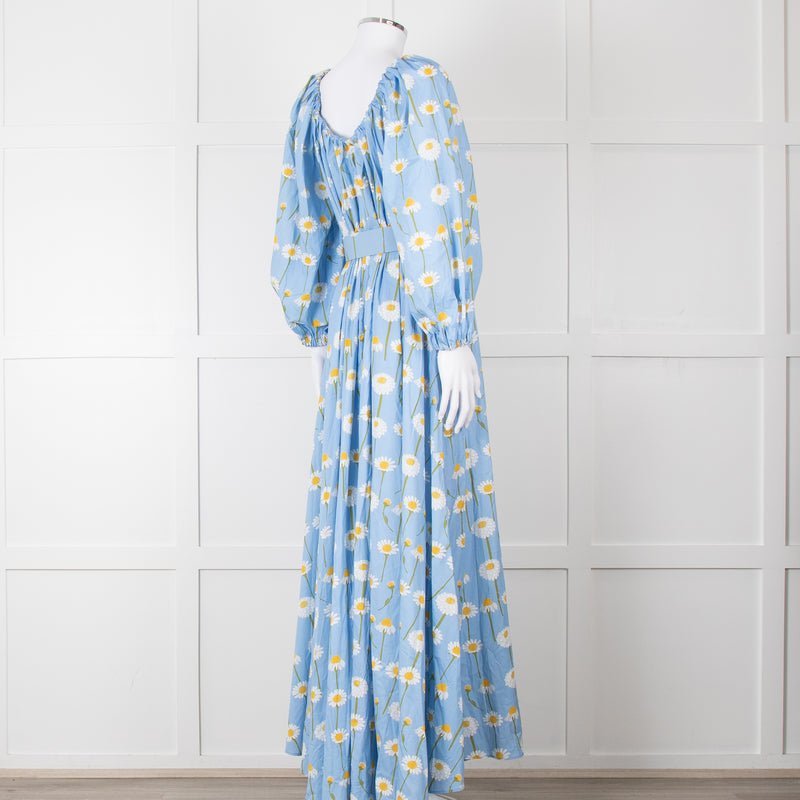 Bernadette Blue Cotton Daisy Print Off Shoulder Dress with Belt