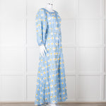 Bernadette Blue Cotton Daisy Print Off Shoulder Dress with Belt