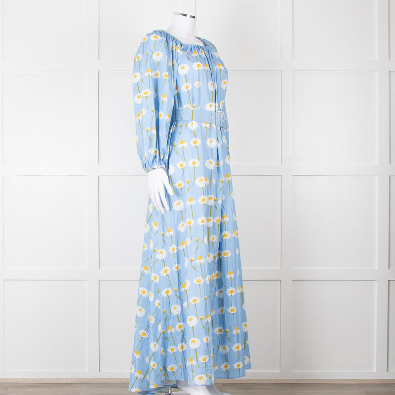 Bernadette Blue Cotton Daisy Print Off Shoulder Dress with Belt