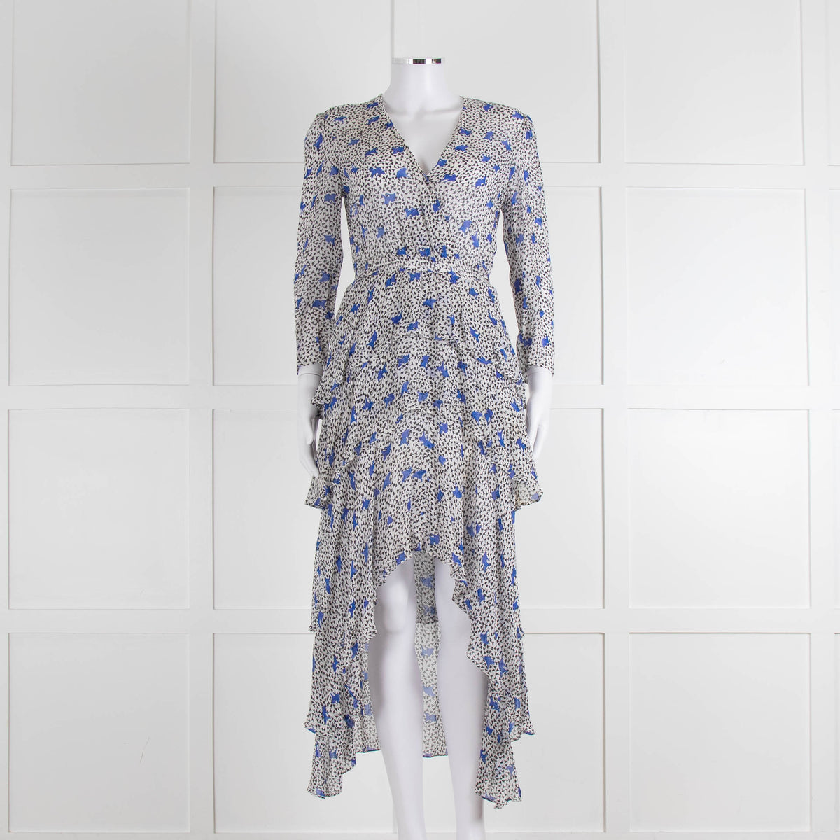 Maje White Blue Black Floral Ruffle Tiered Sleeved Dress